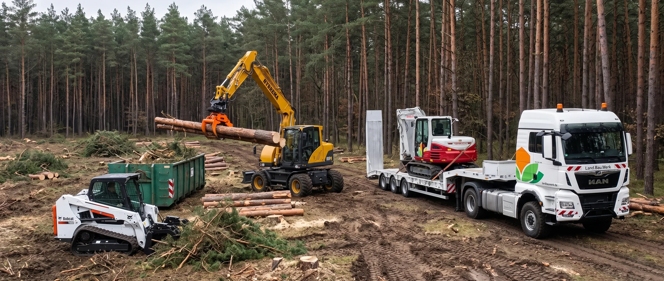 Bobcat, Hydrema mit Greifer und MAN-Zugmaschine bei der Baufeldfreimachung
