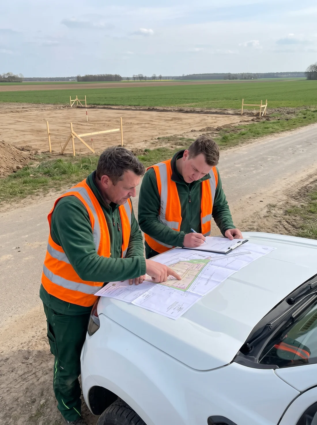 Abstimmung am Lageplan auf der Baustelle