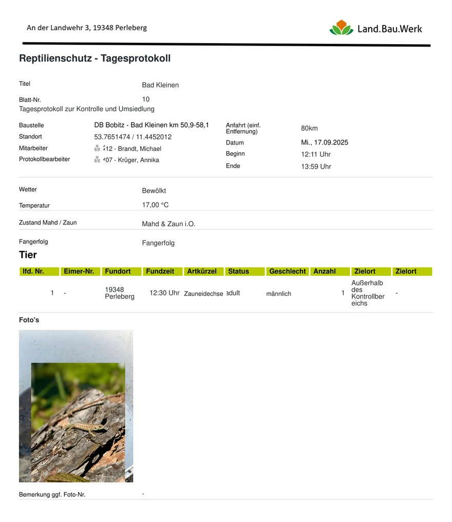 Beispiel eines Tagesprotokolls mit Fundtabelle und Foto-Dokumentation (Demodaten)