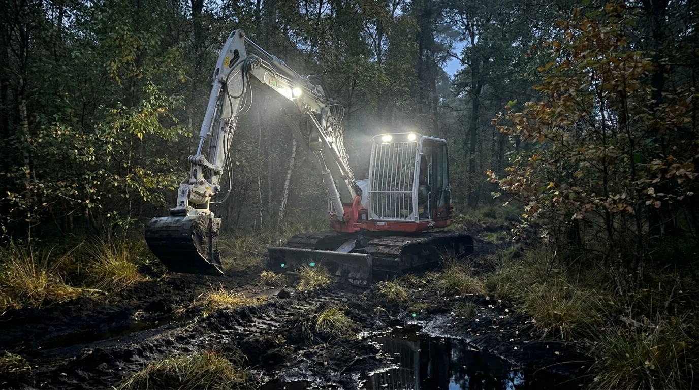Takeuchi-Bagger modelliert bei Dämmerung ein Gewässer in einem Feuchtgebiet